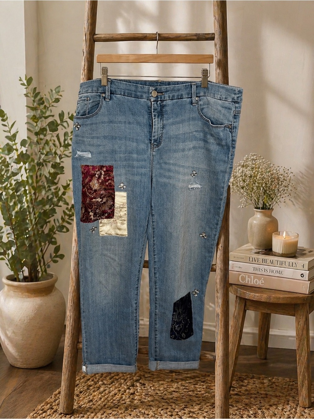 Chico's Light Blue Patchwork Boyfriend Jeans with Burgundy & Gold Accents